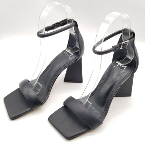 Marc Fisher Women Denny Heeled Sandals Size 5.5 Black Leather Ankle Strap - Picture 1 of 6